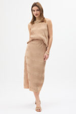 Bej Pliseli Etek ve Bluz Takım