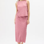 Pembe Pliseli Bluz ve Etek Takım