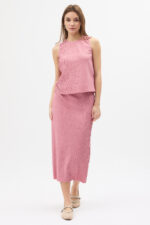 Pembe Pliseli Bluz ve Etek Takım