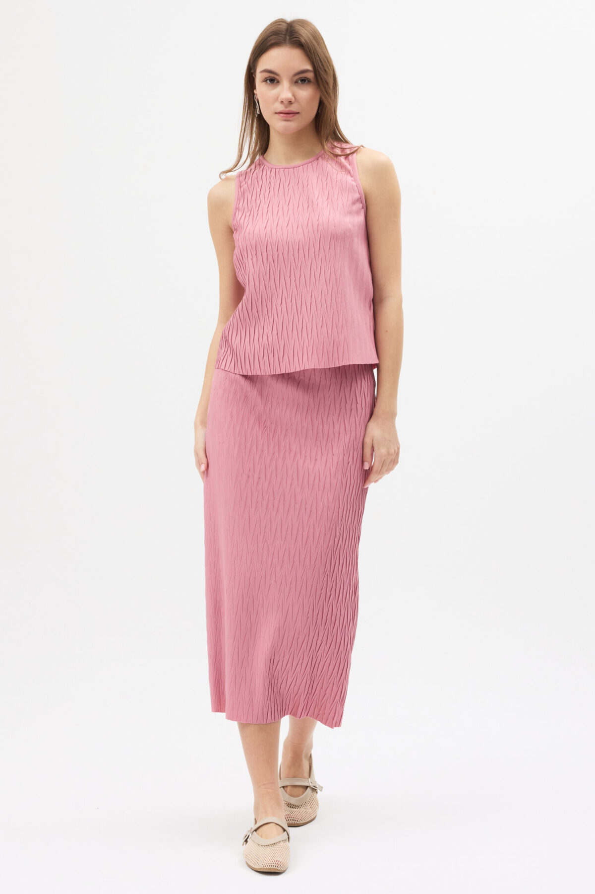 09.12.2025_LINA2494 Pembe Pliseli Bluz ve Etek Takım - Görsel 1