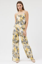 Tropikal Desen Pliseli Bluz ve Pantolon Takım