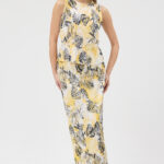 Tropikal Desen Pliseli Bluz ve Etek Takım