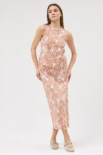 Turuncu Pliseli Bluz ve Etek Takım