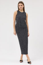 Puantiyeli Pliseli Bluz ve Etek Takım