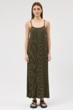 Haki Askılı Pliseli Elbise