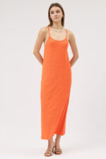 Turuncu Askılı Pliseli Elbise - Görsel 3