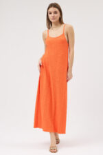 Turuncu Askılı Pliseli Elbise - Görsel 4