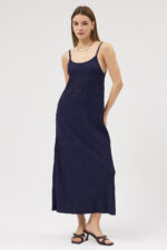 Lacivert Askılı Pliseli Elbise - Görsel 2