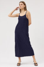 Lacivert Askılı Pliseli Elbise - Görsel 3