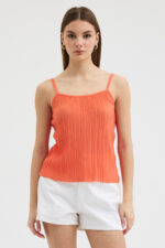 Turuncu Pliseli Askılı Bluz