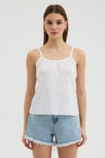 Beyaz Askılı Pliseli Bluz