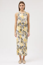Tropikal Desen Pliseli Elbise