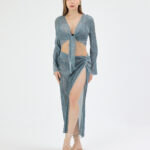 Mavi Pliseli Minimal Çiçekli Pareo Takım