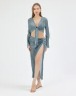 Mavi Pliseli Minimal Çiçekli Pareo Takım