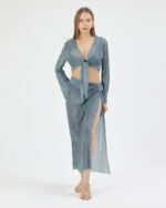 Mavi Pliseli Minimal Çiçekli Pareo Takım - Görsel 2