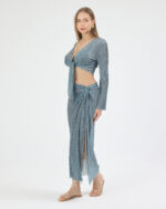 Mavi Pliseli Minimal Çiçekli Pareo Takım - Görsel 3