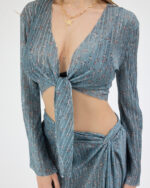 Mavi Pliseli Minimal Çiçekli Pareo Takım - Görsel 7