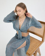 Mavi Pliseli Minimal Çiçekli Pareo Takım - Görsel 5