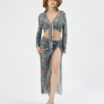 Mavi Pliseli Vintage Çiçekli Pareo Takım