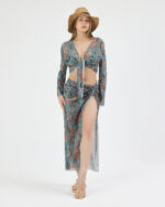 Mavi Pliseli Vintage Çiçekli Pareo Takım