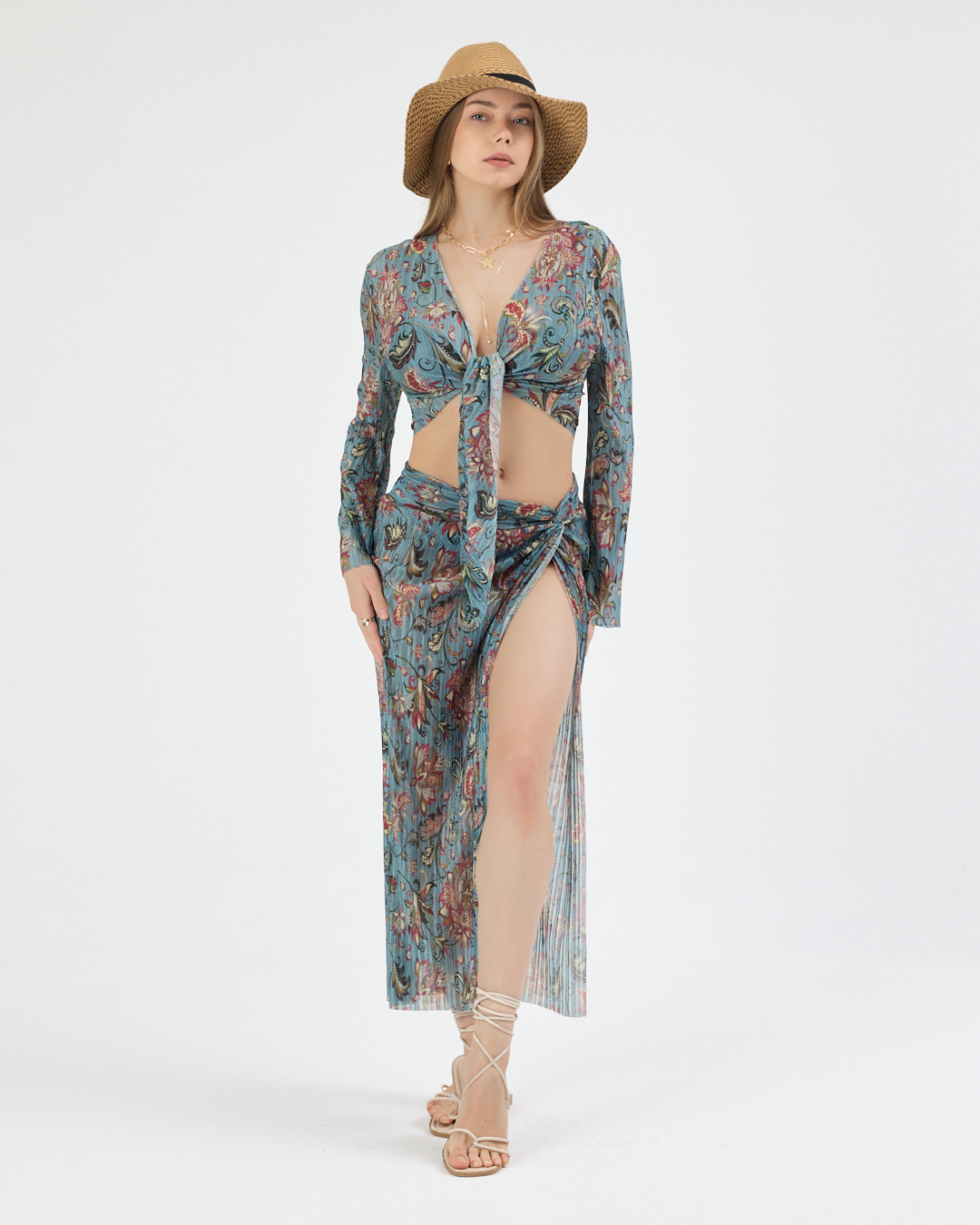 28.02.2026_KATE14849 Mavi Pliseli Vintage Çiçekli Pareo Takım - Görsel 1