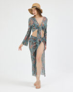 Mavi Pliseli Vintage Çiçekli Pareo Takım - Görsel 4