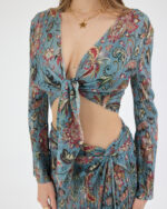 Mavi Pliseli Vintage Çiçekli Pareo Takım - Görsel 6