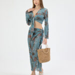 Mavi Pliseli Çiçekli Pareo Takım