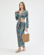 Mavi Pliseli Çiçekli Pareo Takım