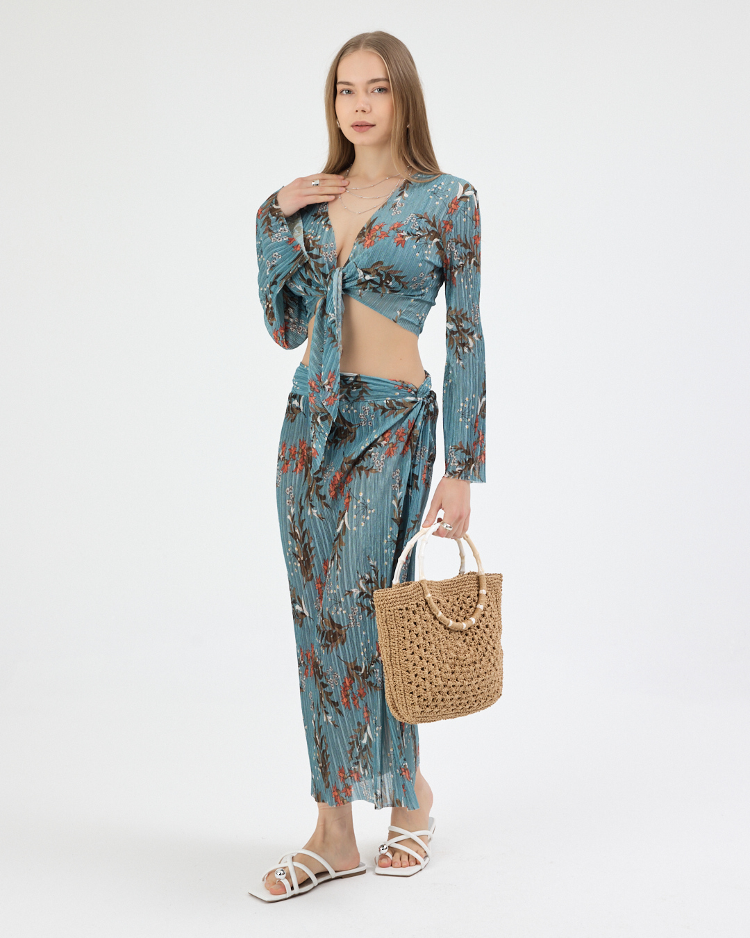 28.02.2026_KATE14865 Mavi Pliseli Çiçekli Pareo Takım - Görsel 1