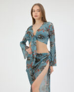 Mavi Pliseli Çiçekli Pareo Takım - Görsel 3
