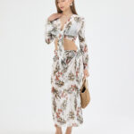 Beyaz Pliseli Çiçekli Pareo Takım