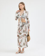 Beyaz Pliseli Çiçekli Pareo Takım