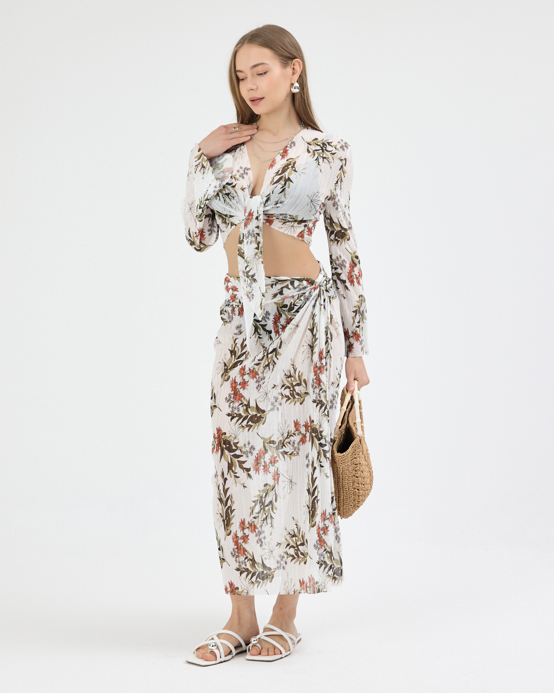 28.02.2026_KATE14895 Beyaz Pliseli Çiçekli Pareo Takım - Görsel 1