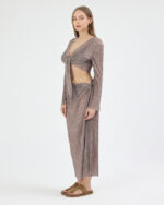 Kahverengi Pliseli Minimal Çiçekli Pareo Takım - Görsel 2