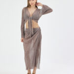 Kahverengi Pliseli Minimal Çiçekli Pareo Takım