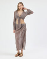 Kahverengi Pliseli Minimal Çiçekli Pareo Takım