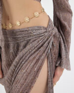 Kahverengi Pliseli Minimal Çiçekli Pareo Takım - Görsel 7