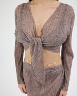 Kahverengi Pliseli Minimal Çiçekli Pareo Takım - Görsel 6