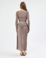 Kahverengi Pliseli Minimal Çiçekli Pareo Takım - Görsel 4