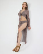 Kahverengi Pliseli Minimal Çiçekli Pareo Takım - Görsel 3