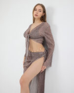 Kahverengi Pliseli Minimal Çiçekli Pareo Takım - Görsel 5