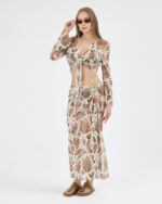 Beyaz Pliseli Vintage Çiçekli Pareo Takım