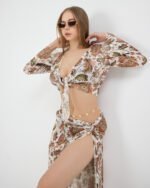 Beyaz Pliseli Vintage Çiçekli Pareo Takım - Görsel 5