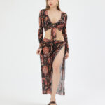 Siyah Pliseli Vintage Çiçekli Pareo Takım