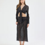 Siyah Pliseli Minimal Çiçekli Pareo Takım