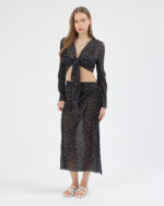 Siyah Pliseli Minimal Çiçekli Pareo Takım