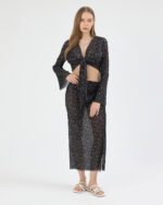 Siyah Pliseli Minimal Çiçekli Pareo Takım - Görsel 4