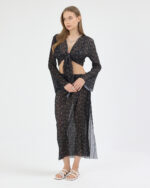 Siyah Pliseli Minimal Çiçekli Pareo Takım - Görsel 2