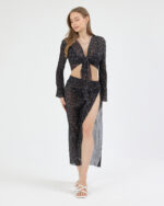 Siyah Pliseli Minimal Çiçekli Pareo Takım - Görsel 3